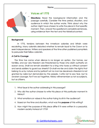 Revolutionary Purpose Analysis Worksheet
