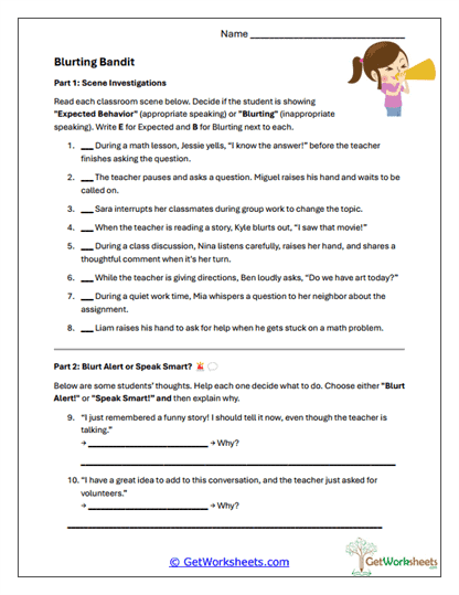 Blurting Bandit Worksheet