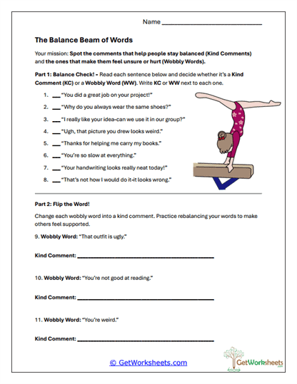 Balance Beam of Words Worksheet