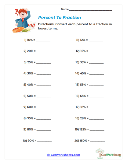 Percent To Fraction Worksheet