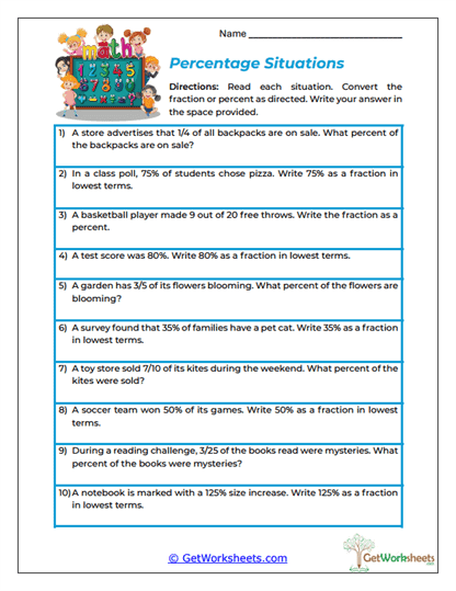 Percentage Situations Worksheet