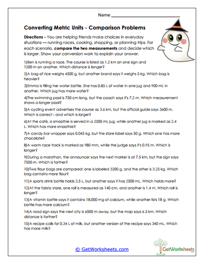 Metric Comparison Problems Worksheet