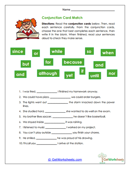 Coordinating vs. Subordinating Conjunctions Worksheets