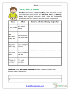 Cause, Effect, Connect Worksheet - Subordinating Conjunctions in Action