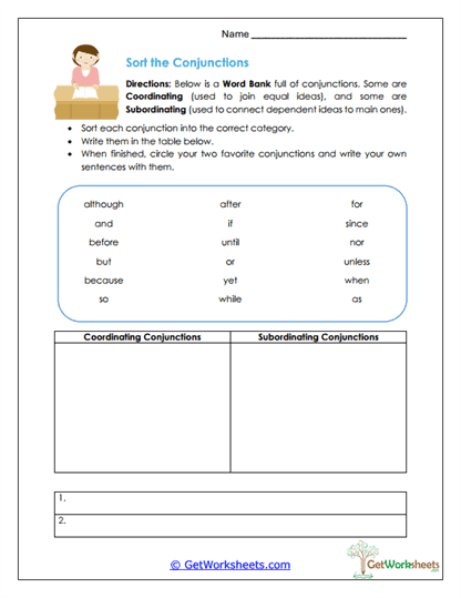 Sort the Conjunctions Worksheet