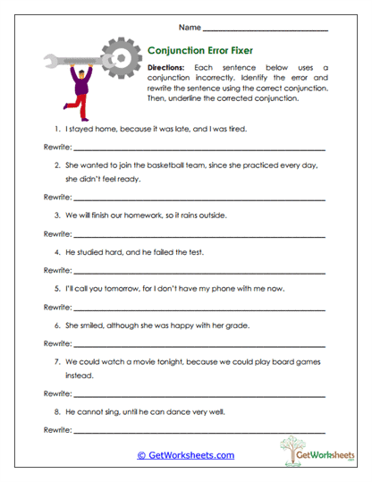 Conjunction Error Fixer Worksheet