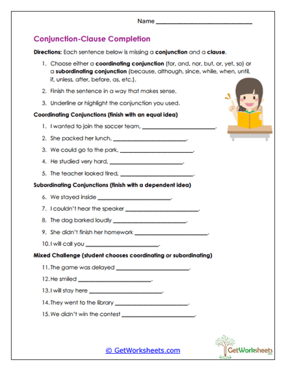 Conjunction-Clause Completion Worksheet