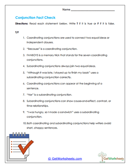 Conjunction Fact Check Worksheet