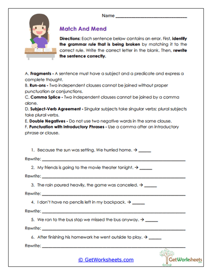 Match and Mend Worksheet
