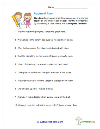 Fragment Fixers Worksheet