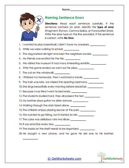 Naming Sentence Errors Worksheet