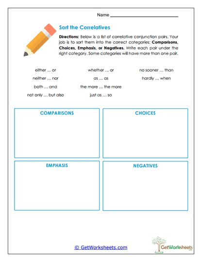 Sort the Correlatives Worksheet