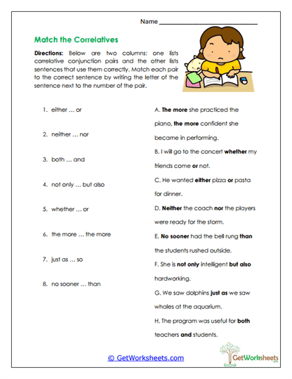 Match the Correlatives Worksheet