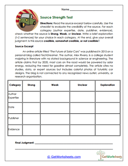 Source Strength Test Worksheet