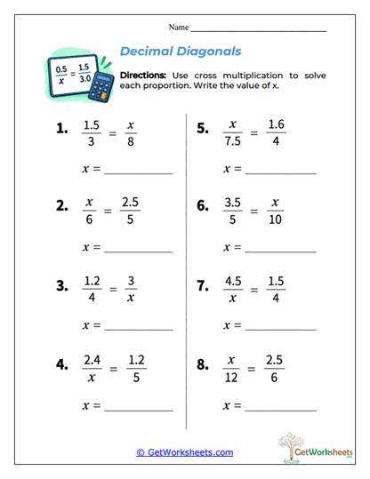 Decimal Diagonals Worksheet