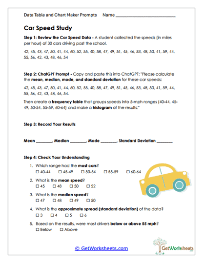 Car Speed Study Worksheet