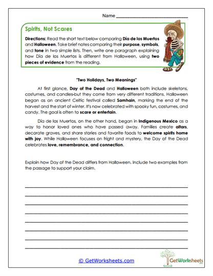 Spirits, Not Scares Worksheet