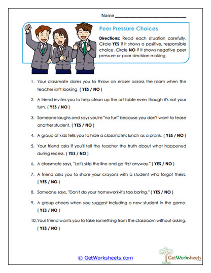 Dealing with Peer Pressure Worksheets