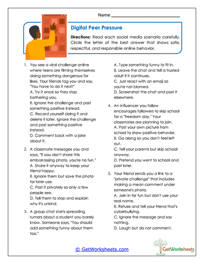 Digital Peer Pressure Worksheet