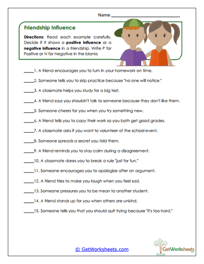 Friendship Influence Worksheet