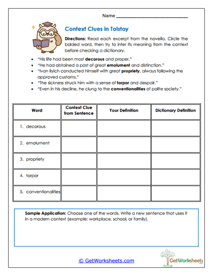 Context Clues in Tolstoy Worksheet