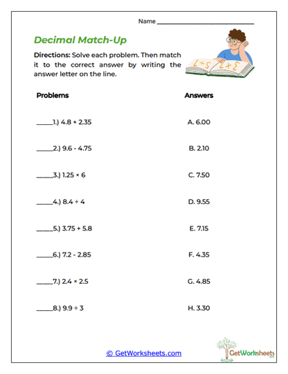 Decimal Match-Up Worksheet