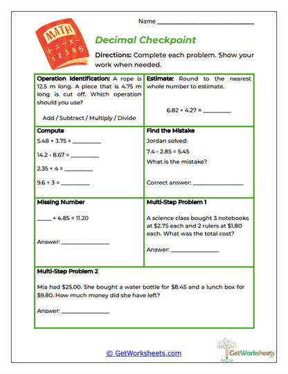 Decimal Checkpoint Worksheet