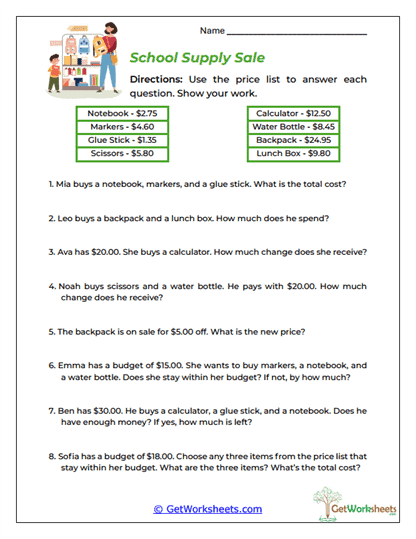 School Supply Sale Worksheet
