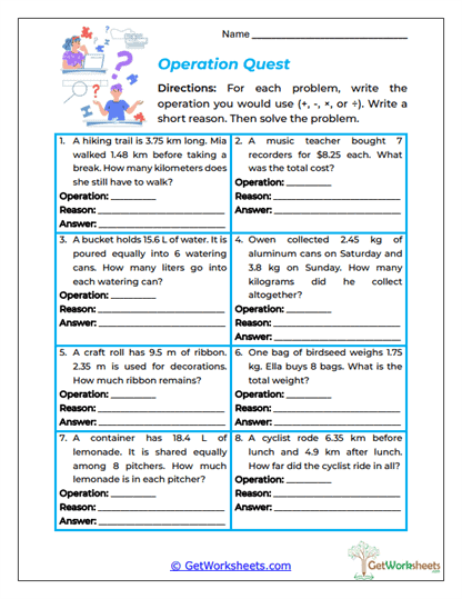 Decimal Word Problems Worksheet