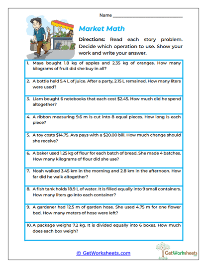 Market Math Worksheet