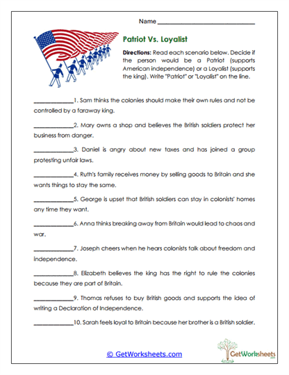 Patriot vs. Loyalist Worksheet