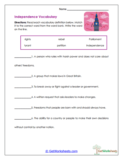 Independence Vocabulary Worksheet