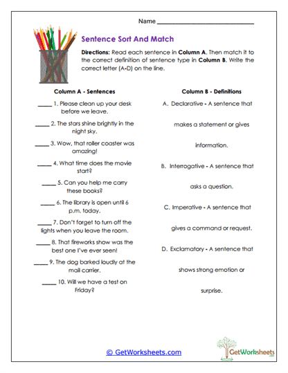 Sentence Sort and Match Worksheet