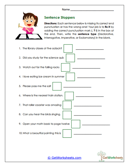 Sentence Stoppers Worksheet