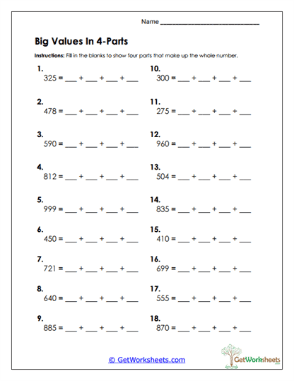 Big Values in 4 Parts Worksheet