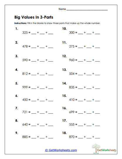Big Values in 3 Parts Worksheet