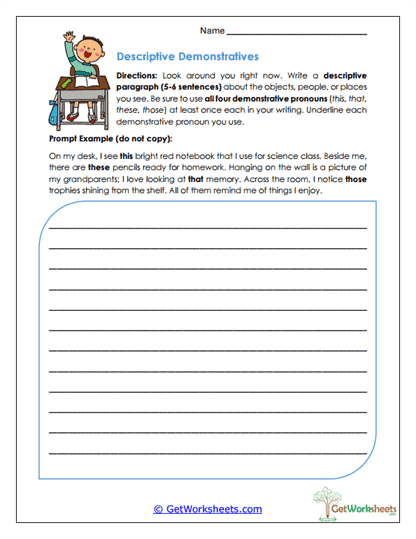 Descriptive Demonstratives Worksheet