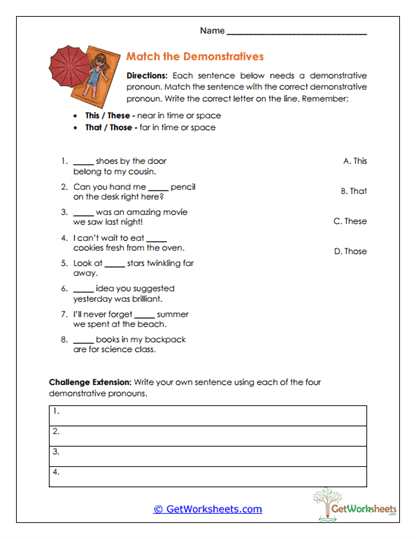 Match the Demonstratives Worksheet
