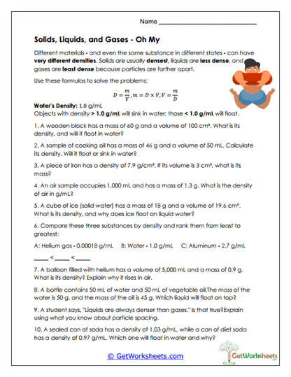 States and Density Worksheet
