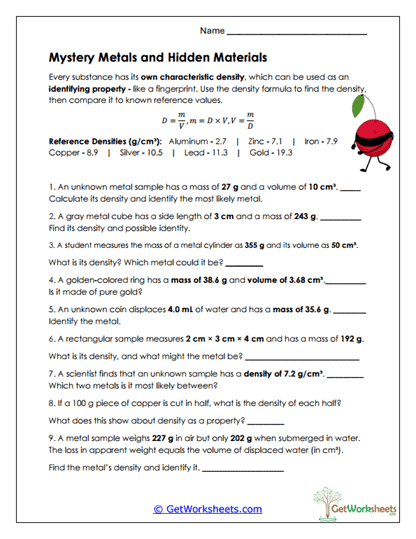 Identifying Metals Worksheet
