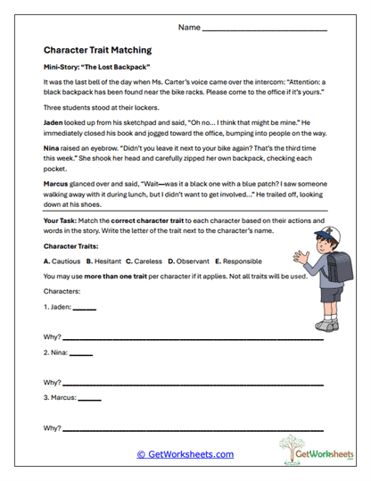Character Trait Matching Worksheet