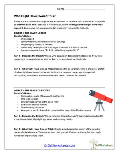 Describing Objects and Artifacts Worksheets