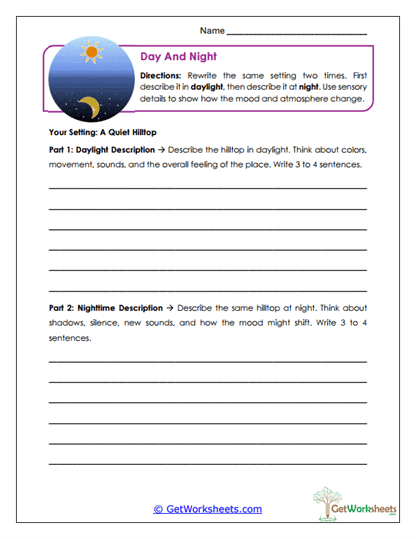 Day and Night Descriptions Worksheet