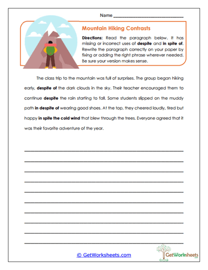 Mountain Hiking Contrasts Worksheet