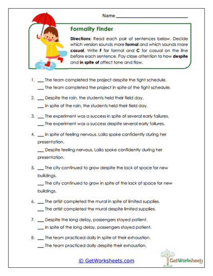 Formality Finder Worksheet