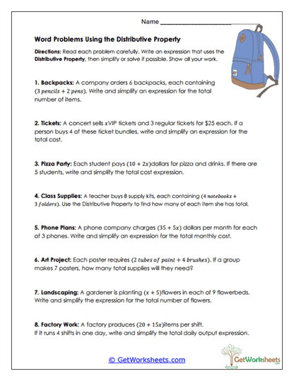Distributive Word Problems Worksheet