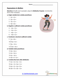 Expressions in Motion Worksheet - Using the Distributive Property