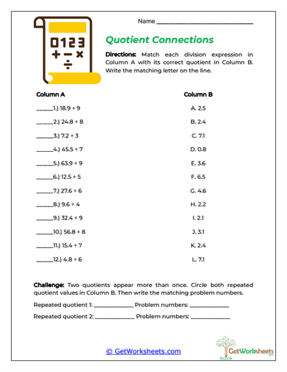 Quotient Connections Worksheet