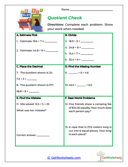 Quotient Check Worksheet