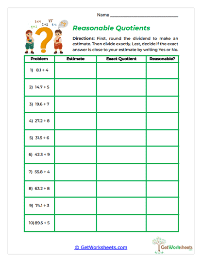 Reasonable Quotients Worksheet